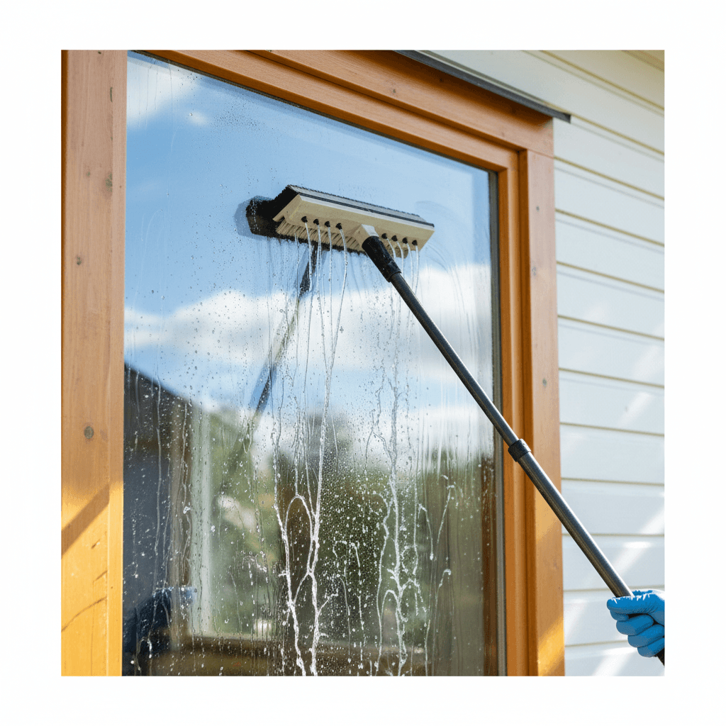 Professional window cleaning with water-fed pole system
