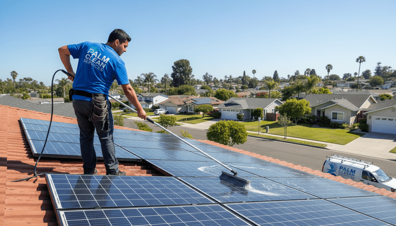 Service worker cleaning solar panels on a house roof in a sunny suburban neighborhood.