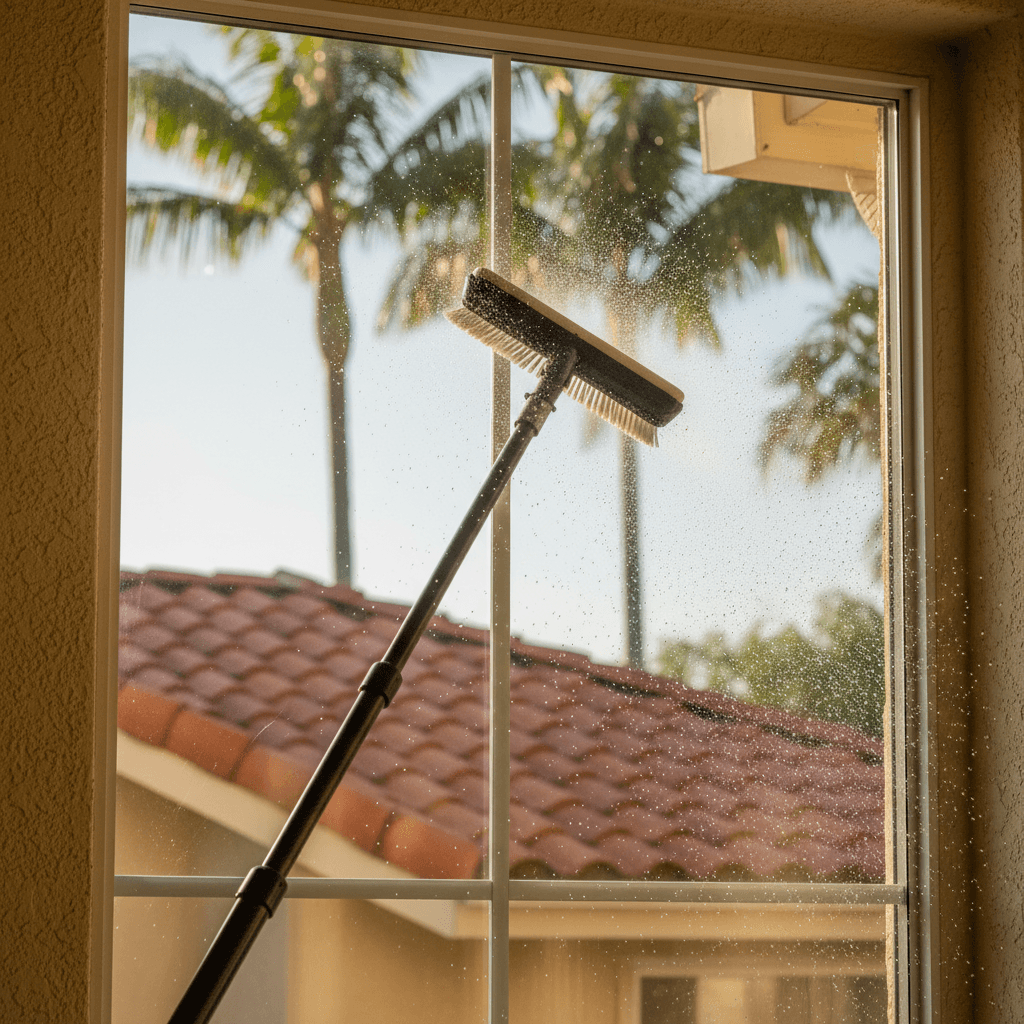 Water-fed pole cleaning residential window with purified water system