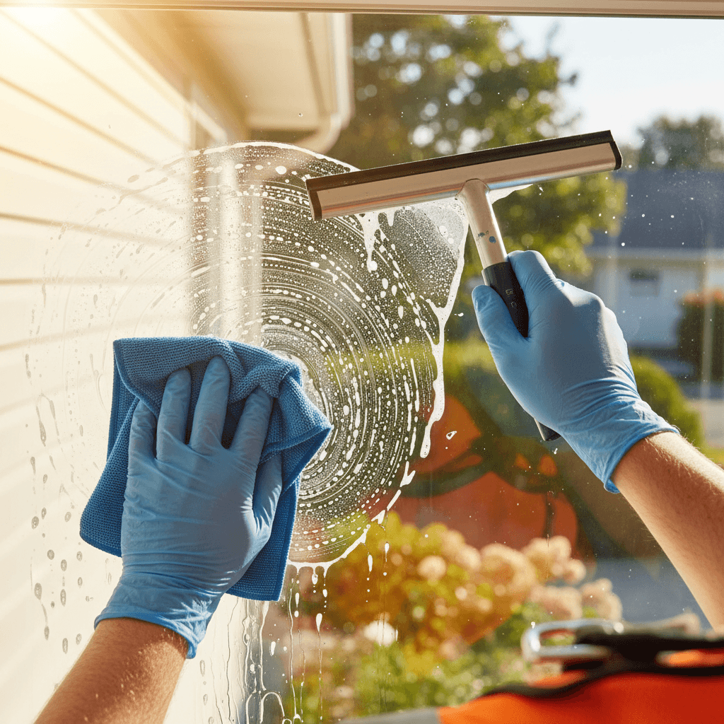 Professional window cleaning technique in progress