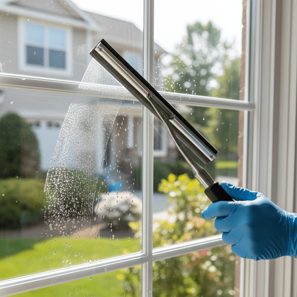 Technician inspecting clean residential window with water-fed pole system