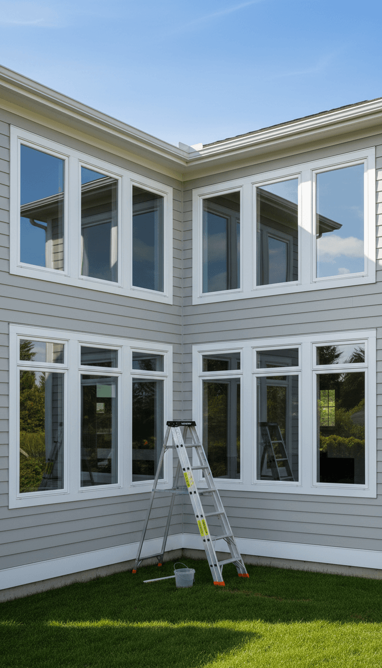 Multiple freshly cleaned residential window panes converging at home corner reflecting bright sky